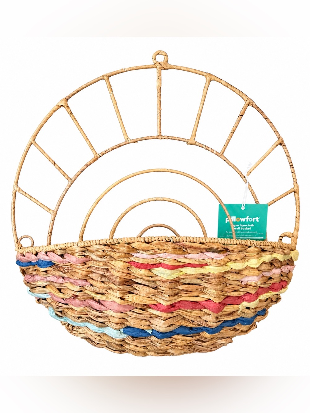 Pillowfort Natural Woven Hanging Basket with Pink Red Yellow Blue Accents